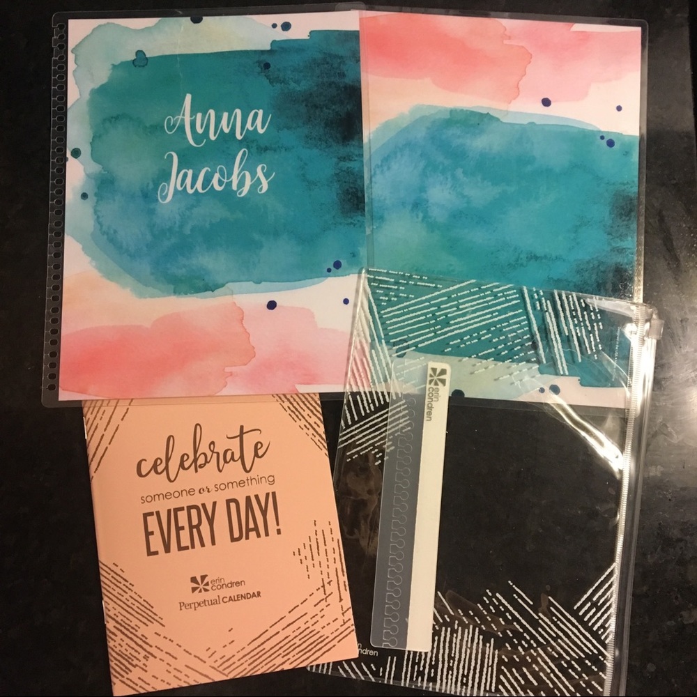 Erin Condren cover, perpetual calendar and zip bag